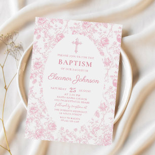 Toile Pink Bow Baptism Girl Invitation