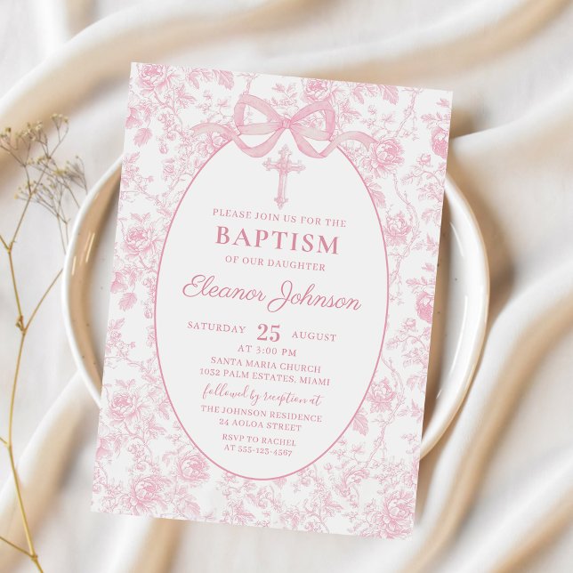Toile Pink Bow Baptism Girl Invitation (Creator Uploaded)