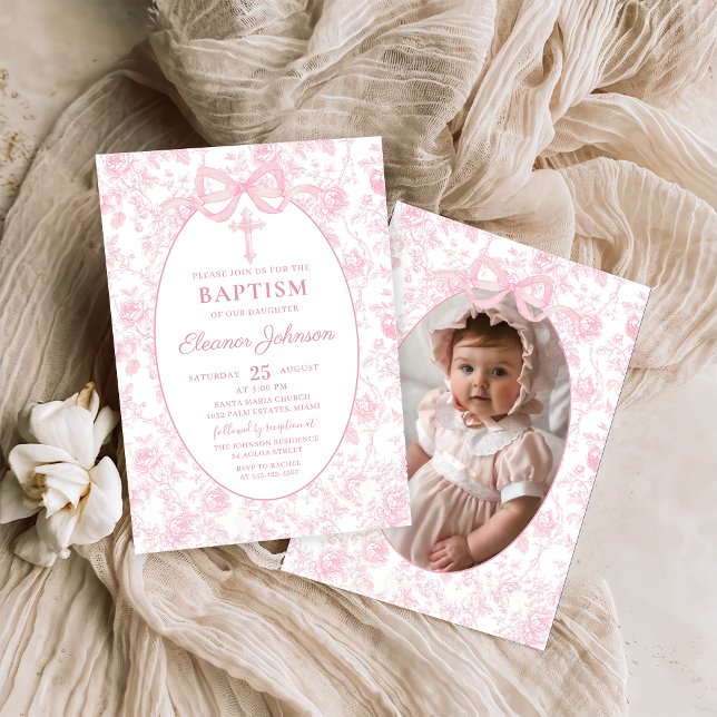 Toile Pink Bow Baptism Girl Photo Invitation (Creator Uploaded)