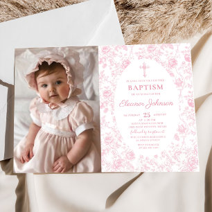 Toile Pink Bow Baptism Girl Photo Invitation