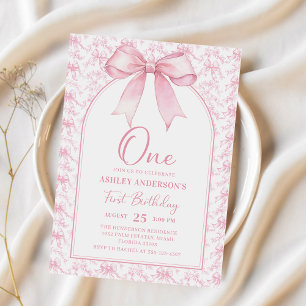 Toile Pink Bow Chinoiserie 1st Birthday Invitation