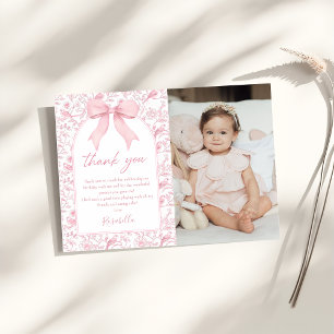 Toile Pink Bow Chinoiserie Floral Birthday Thank You Card