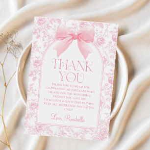 Toile Pink Bow Chinoiserie Girl Birthday Thank You Card
