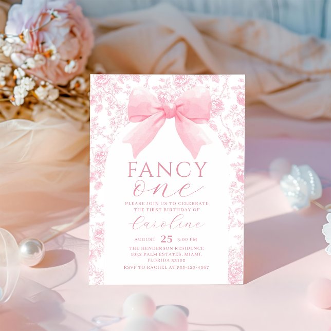 Toile Pink Bow Fancy One Birthday Invitation (Creator Uploaded)