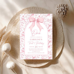 Toile Pink Bow Floral 1st Birthday Invitation