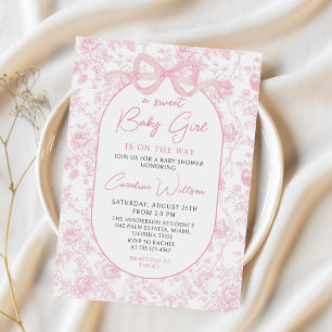 Toile Pink Bow Floral Baby Shower Invitation