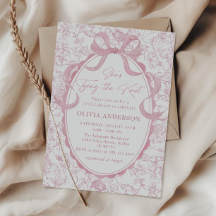 Toile Pink Bow She's Tying the Knot Bridal Shower Invitation