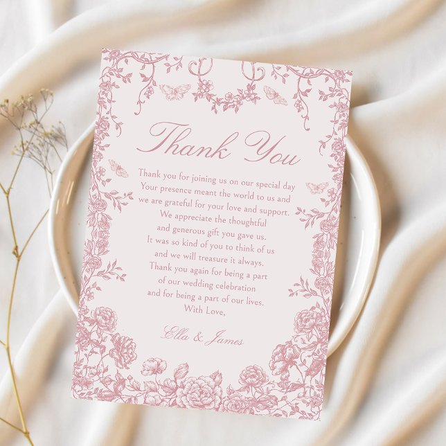 Toile Pink Chinoiserie Floral Wedding Thank You Card (Creator Uploaded)