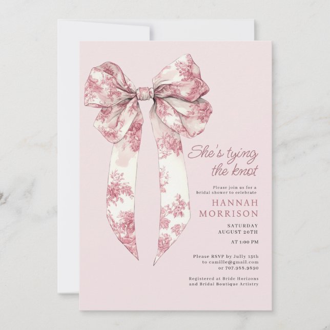 Toile Pink Coquette Bow Bridal Shower Invitation (Front)