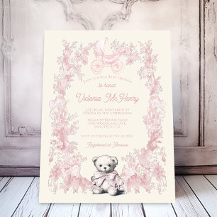 Toile Pink Floral Teddy Bear Carriage Baby Shower Invitation