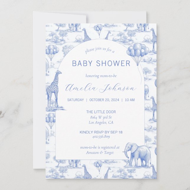 Toile Safari Blue Baby Shower Invitation Animal (Front)