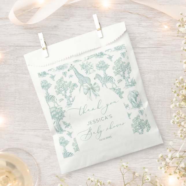 Toile Safari green bow Baby shower Thank you Favour Bags (Clipped)