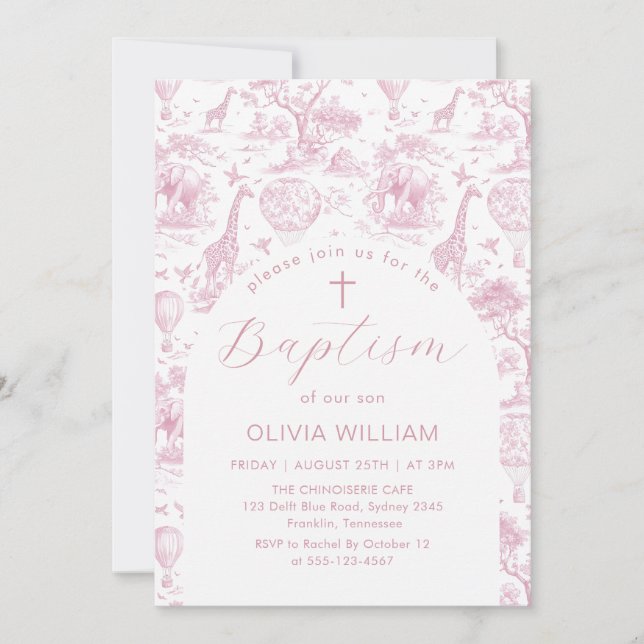 Toile Safari Pink girl Baptism invitation (Front)