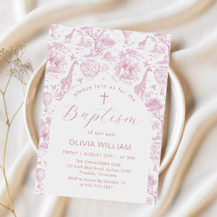Toile Safari Pink girl Baptism invitation