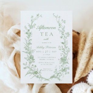 Toile Sage Green Afternoon Tea Party Baby Shower Invitation