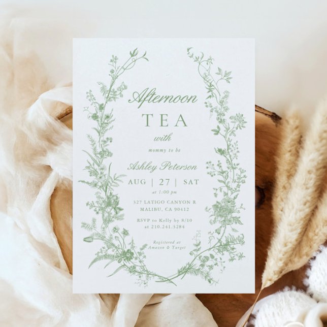 Toile Sage Green Afternoon Tea Party Baby Shower Invitation (Creator Uploaded)