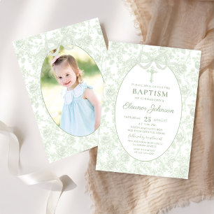 Toile Sage Green Bow Baptism Photo Invitation