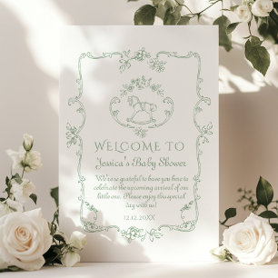 Toile Sage Rocking horse baby shower Welcome Poster
