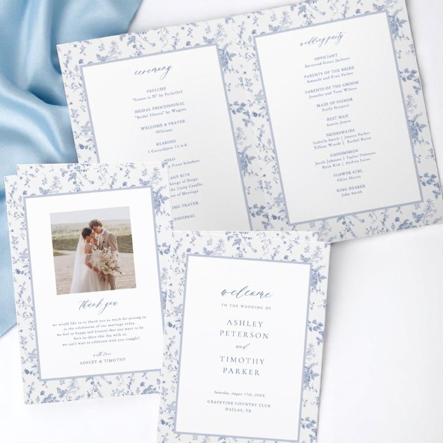 Toile Victorian Blue Floral Wedding Ceremony Programme (Creator Uploaded)