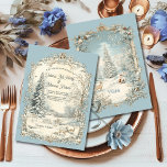 Toile Woodland Winter Christmas Wedding Invitation<br><div class="desc">Elegant Toile Holiday Christmas Wedding invitations. Features a woodland forest landscape with snow covered pine trees, deer and floral frame in pale dusty blue on a light cream background. The back has another pretty scene with santa and the initails of the couple. Perfect for a holiday wedding venue or change...</div>
