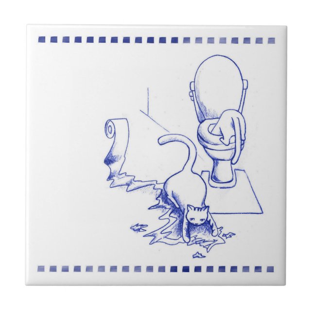 Toilet Drinking Kitty Cat Bathroom Toile Look Tile (Front)