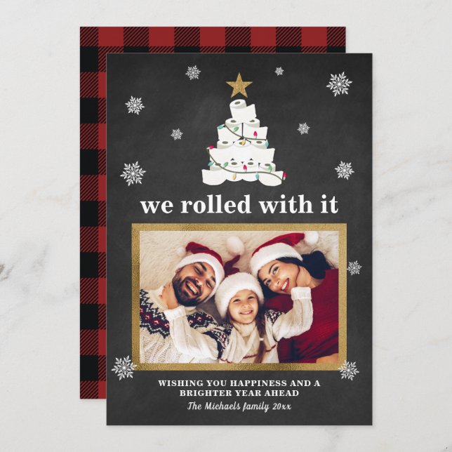 Toilet Paper Christmas Tree Funny Photo Plaid Snow Holiday Card (Front/Back)