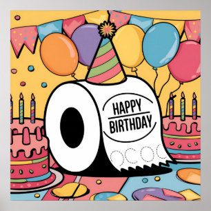 Toilet paper wearing birthday hat balloons  poster