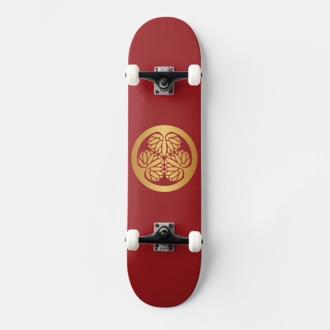 Tokugawa Aoi Japanese Mon Family Crest Gold on Red Skateboard (Front)