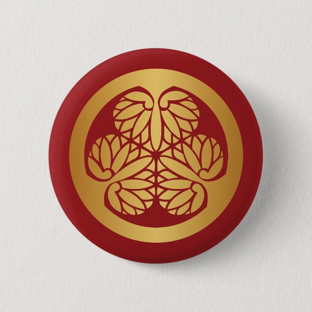 Tokugawa Aoi Mon Japanese Family Crest Gold on Red 6 Cm Round Badge (Front)
