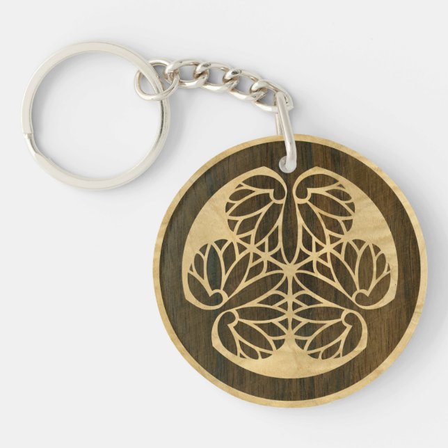 Tokugawa Aoi Mon Japanese Family Crest Wood Veneer Key Ring (Front)