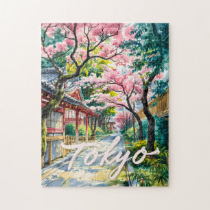 Tokyo Cherry Blossom Watercolor Traditional Japan Jigsaw Puzzle