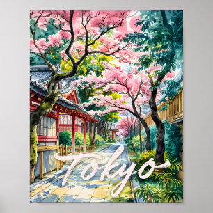 Tokyo Cherry Blossom Watercolor Traditional Japan Poster
