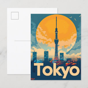 Tokyo City Japan Vintage Retro Travel Illustration Postcard