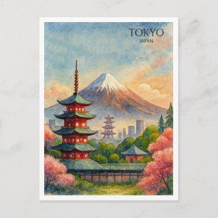 Tokyo Japan Cityscape Watercolor Souvenir Holiday Postcard
