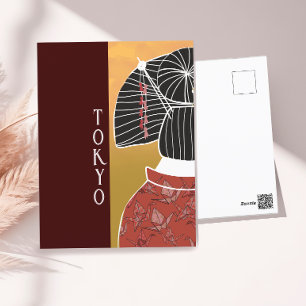 Tokyo Japan Kimono Yukata Shrine Hand Illustrated  Postcard