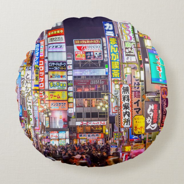 TOKYO, JAPAN - MARCH 14, 2014: Signs densely line  Round Cushion (Front)