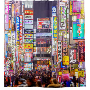 TOKYO, JAPAN - MARCH 14, 2014: Signs densely line Shower Curtain
