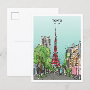 Tokyo Japan Sketch Art Vintage Travel Postcard