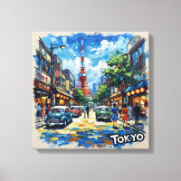 Tokyo Japan Tower Street Scene Stretched Canvas