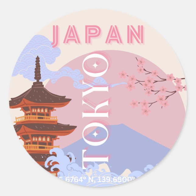 Tokyo Japan Travel Art, Retro Travel Art, Pink Classic Round Sticker (Front)