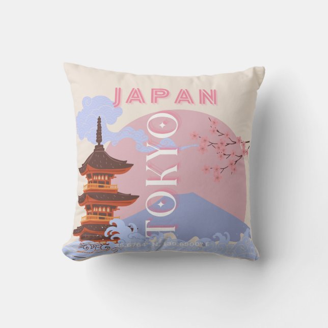 Tokyo Japan Travel Art, Retro Travel Art, Pink Cushion (Front)