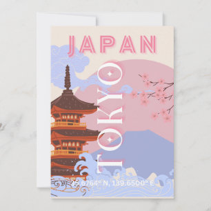 Tokyo Japan Travel Art, Retro Travel Art, Pink Holiday Card