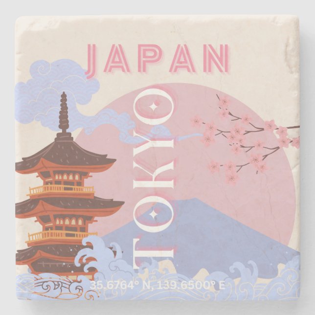 Tokyo Japan Travel Art, Retro Travel Art, Pink Stone Coaster (Front)
