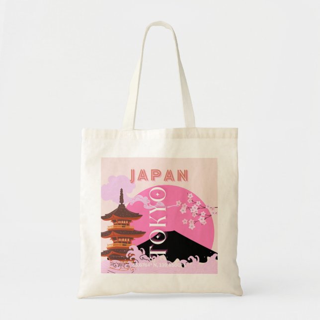 Tokyo Japan Travel Art, Retro Travel Art, Pink Tote Bag (Front)