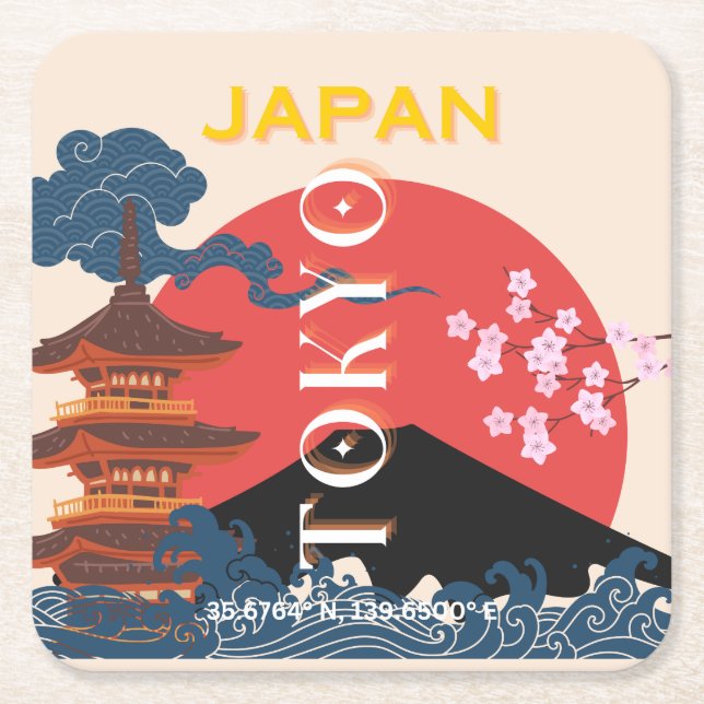 Tokyo Japan Travel Art, Retro Travel Art Square Paper Coaster (Front)