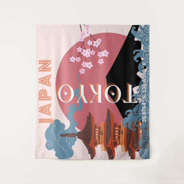 Tokyo Japan Travel Art, Retro Travel Art Tapestry (Front)