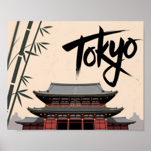 Tokyo Japan Travel Vintage Temple Calligraphy Art Poster