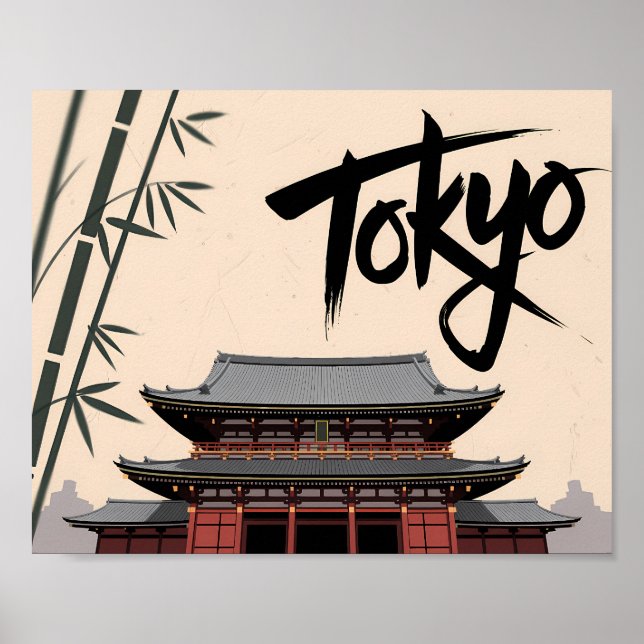 Tokyo Japan Travel Vintage Temple Calligraphy Art Poster (Front)