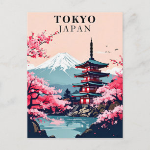 Tokyo Japan Vintage Cherry Blossom Pagoda Travel Postcard