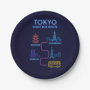 Tokyo Night Bus Route Neon Art – Japan Travel  Paper Plate